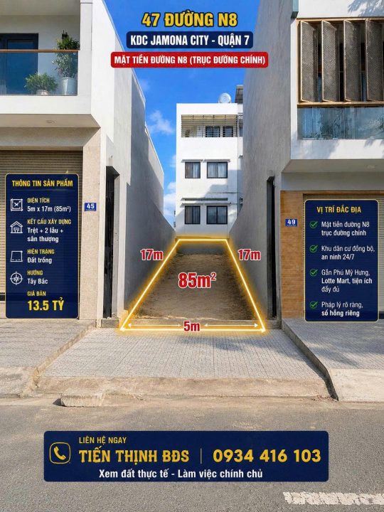 HIẾM! ĐẤT NỀN MẶT TIỀN TRỤC CHÍNH N8 – KDC JAMONA CITY, QUẬN 7